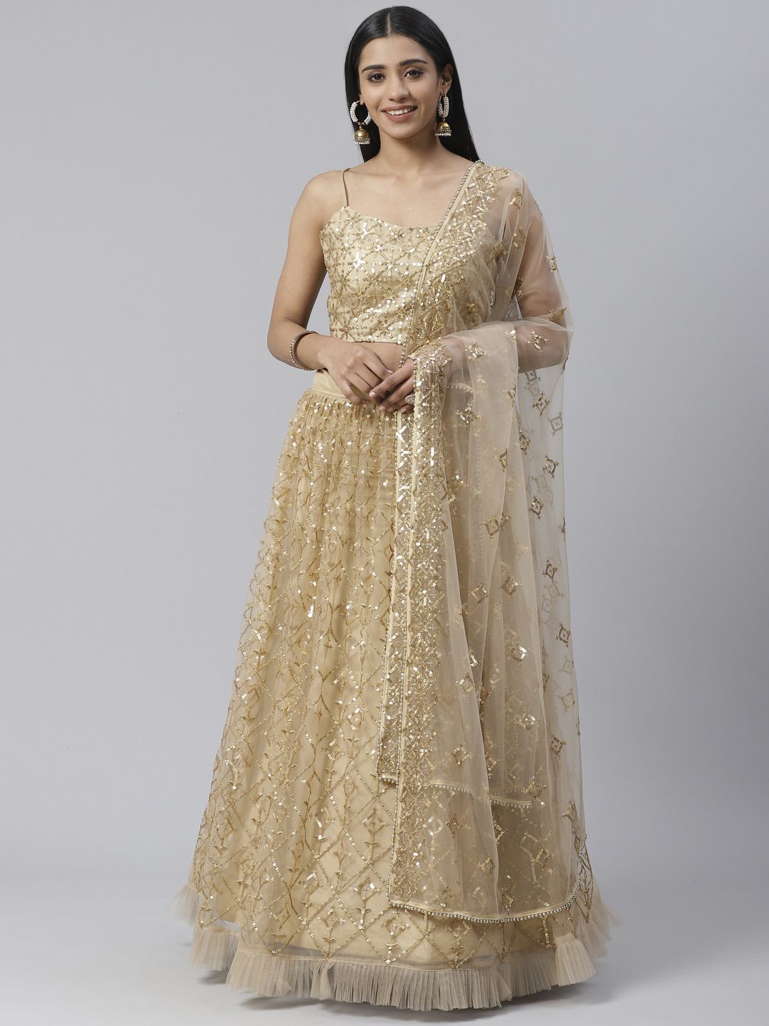 SHOPGARB Beige & Golden Sequinned Semi-Stitched Lehenga & Unstitched Blouse with Dupatta