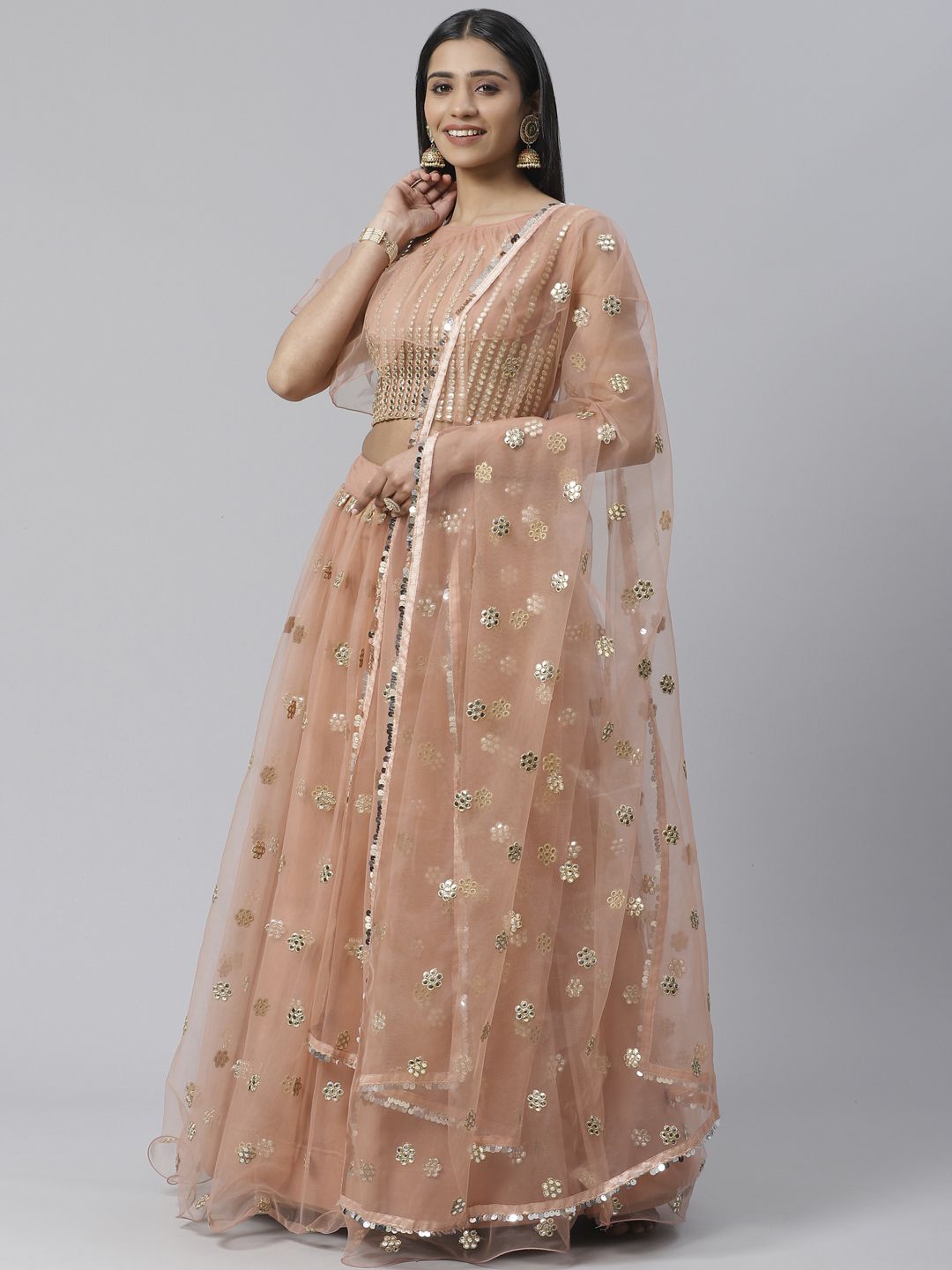 SHOPGARB Peach-Coloured & Silver-Toned Embroidered Semi-Stitched Lehenga & Unstitched Blouse with Dupatta Price in India