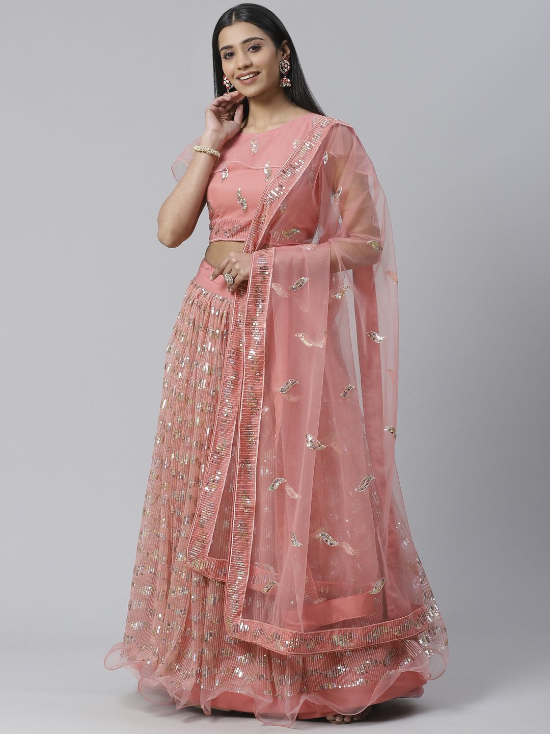 SHOPGARB Pink & Golden Embellished Semi-Stitched Lehenga & Unstitched Blouse with Dupatta
