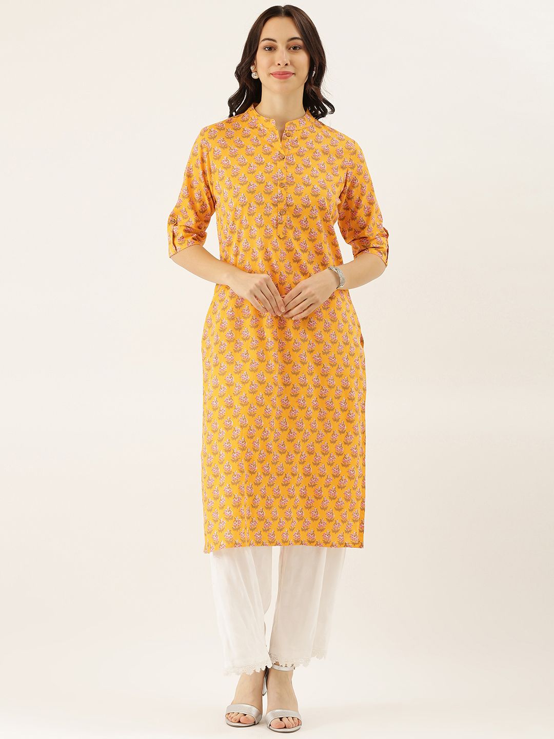 Divena Women Yellow & Pink Ethnic Motifs Printed Mandarin Collar Roll-Up Sleeves Kurta Price in India