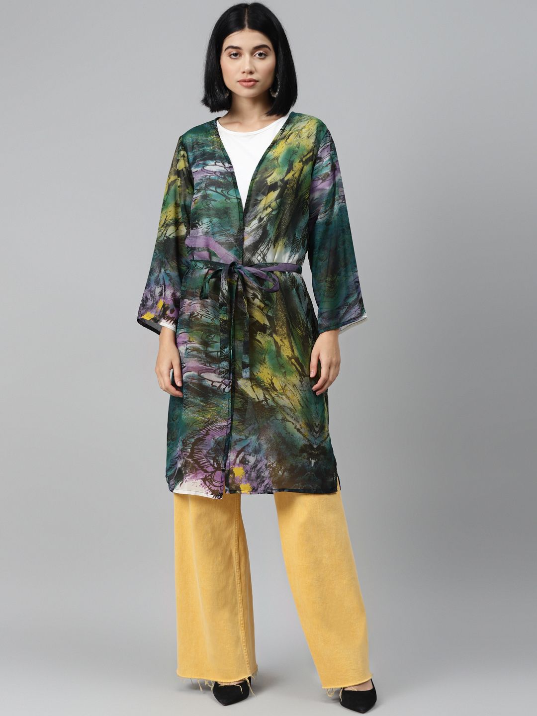 I AM FOR YOU Women Green & Yellow Printed Longline Open Front Shrug With Tie-Ups Price in India