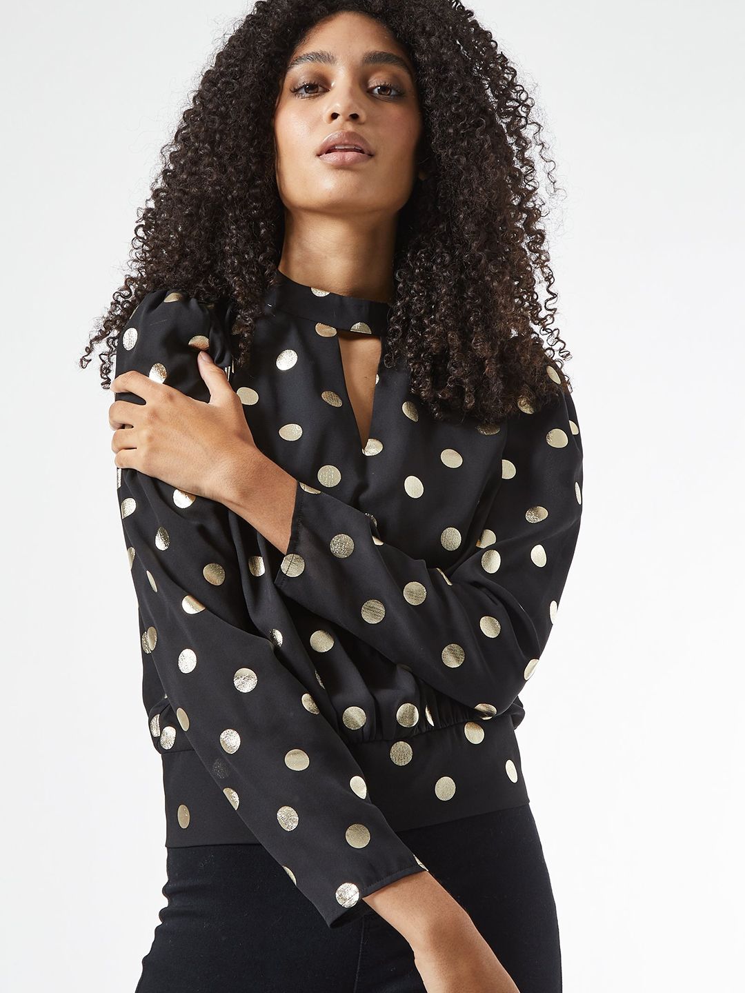 DOROTHY PERKINS Women Black & Golden Polka Dot Print Top