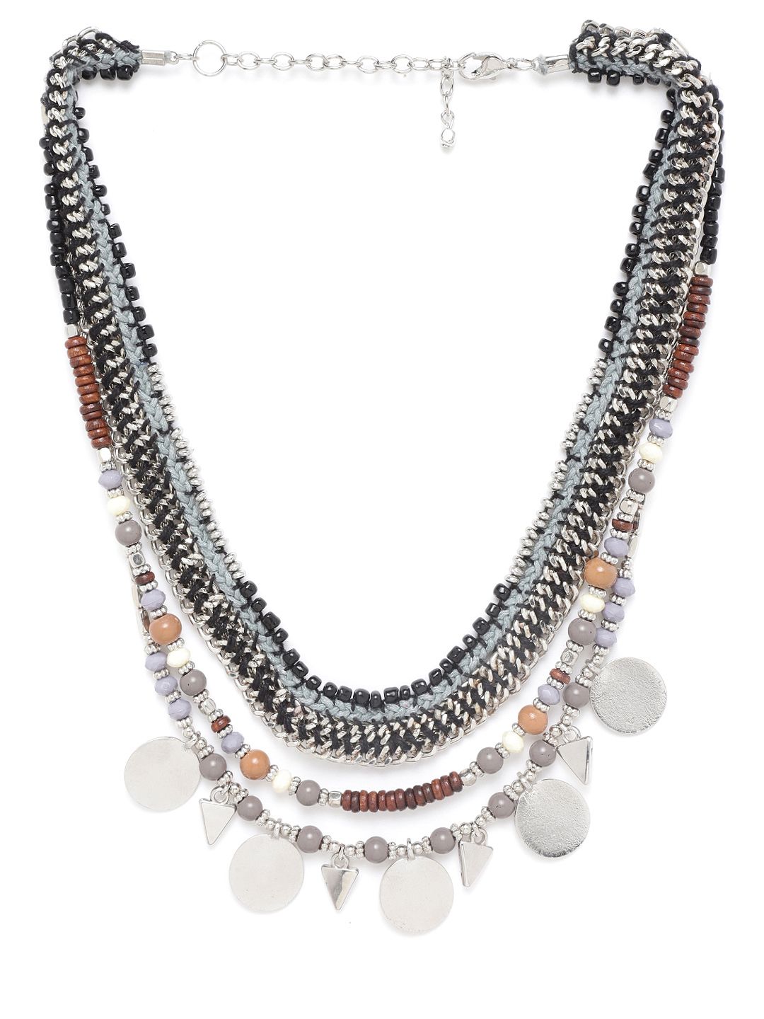 RICHEERA Grey & Black Silver-Plated Beaded Layered Tribal Necklace Price in India