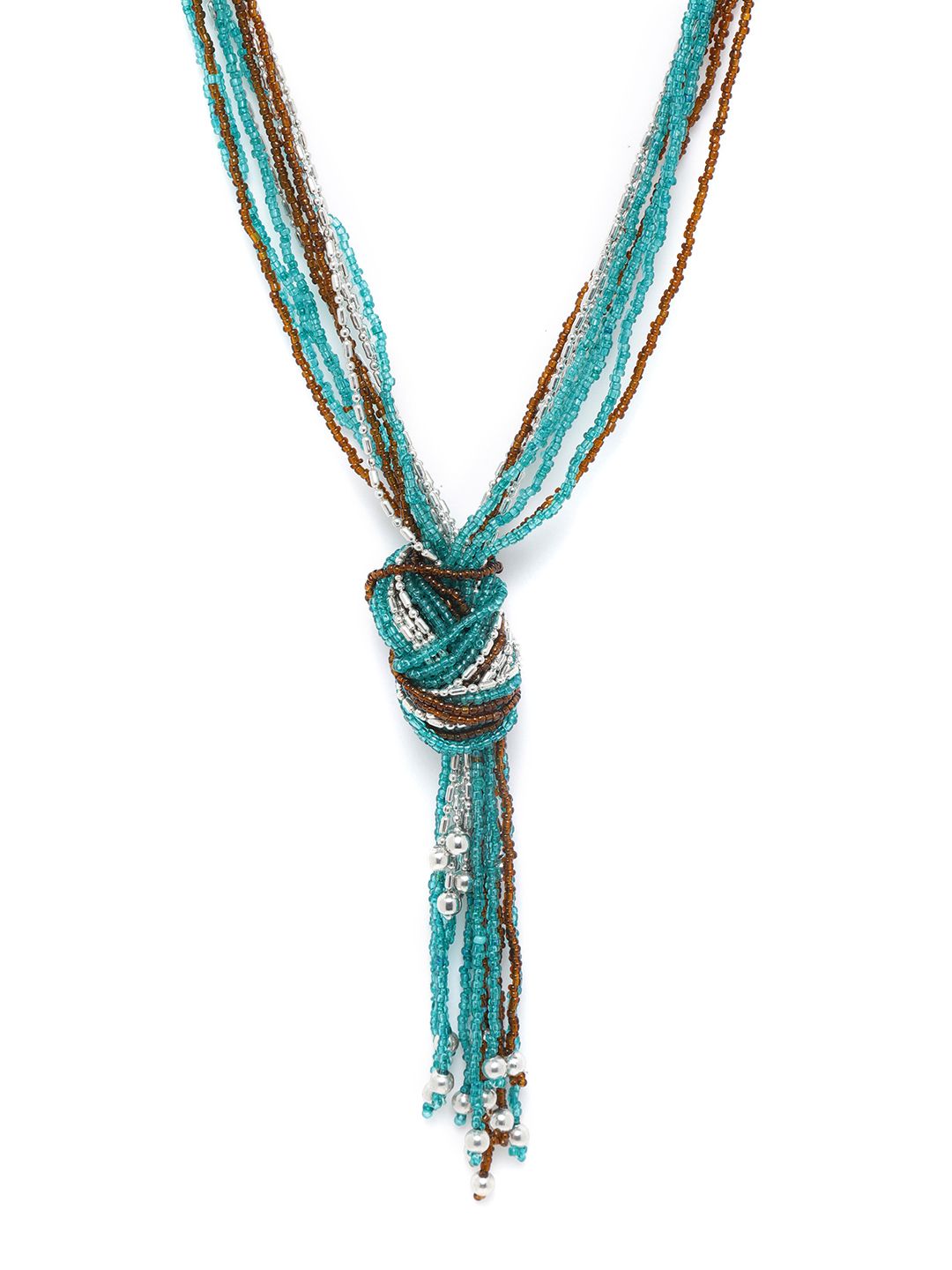 RICHEERA Teal Green & Coffee Brown Silver-Plated Beaded Multi-Stranded Knotted Necklace Price in India