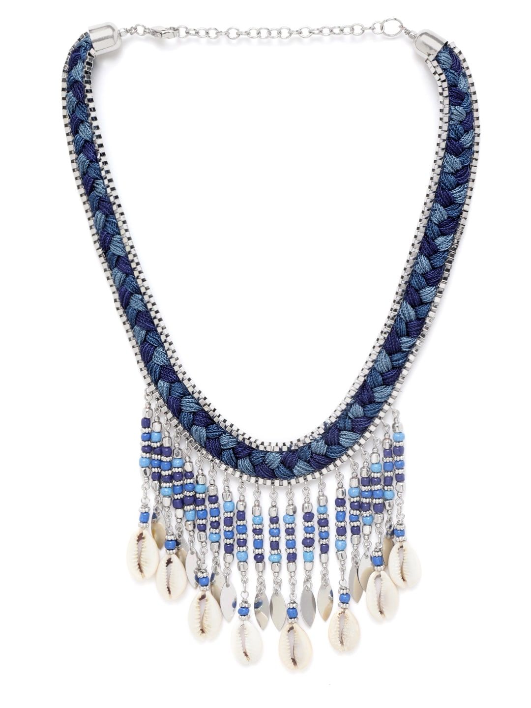 RICHEERA Blue Silver-Plated Beaded Sea Shell Detail Braided Tribal Necklace Price in India