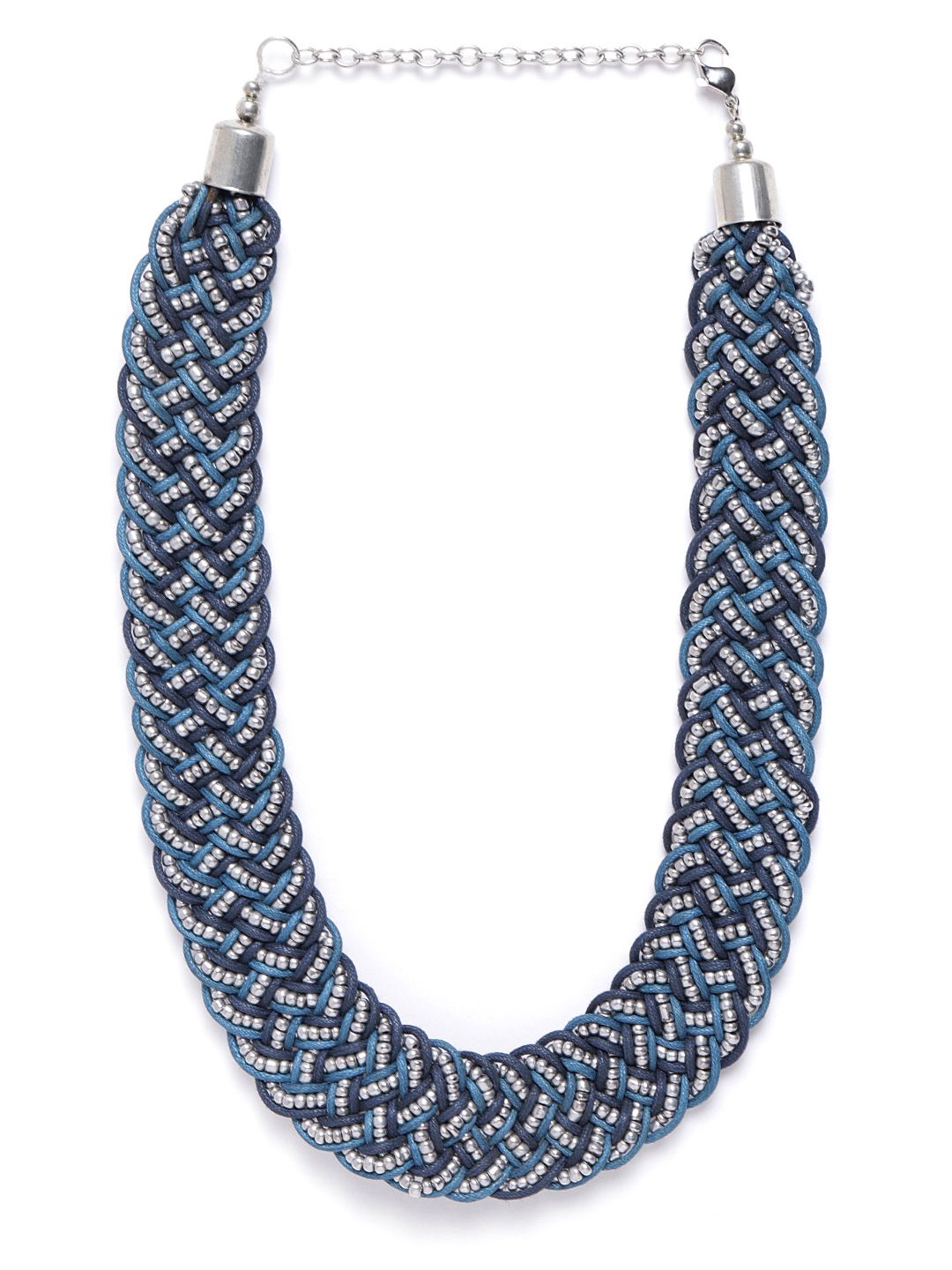 RICHEERA Blue & Silver-Toned Beaded Statement Bohemian Braided Necklace Price in India