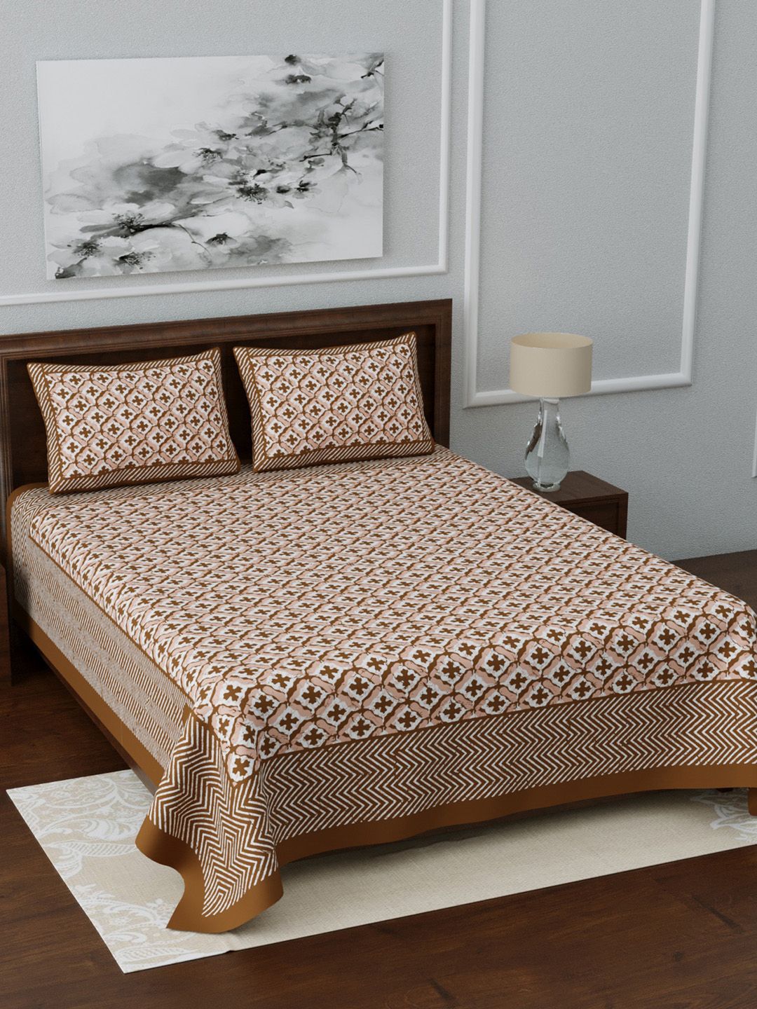 LIVING ROOTS Brown & White Ethnic Printed 210 TC Cotton  King Bedsheet With 2 Pillow Covers Price in India