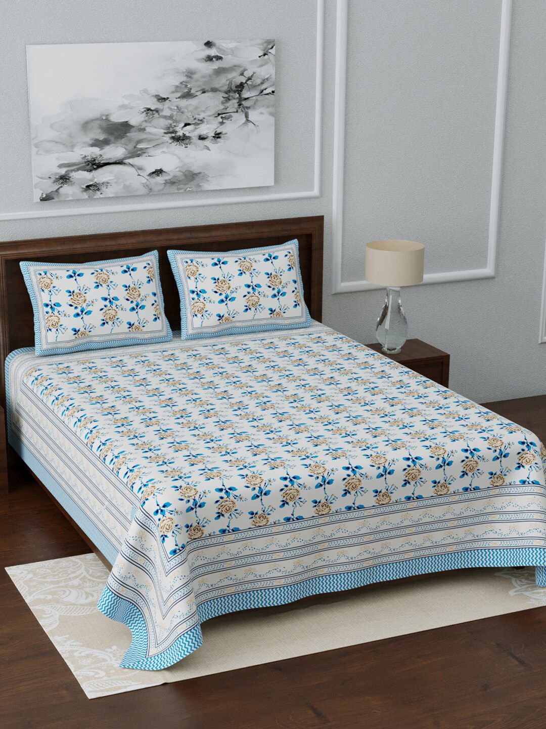 LIVING ROOTS White & Blue Floral Printed 210 TC Cotton  King Bedsheet With 2 Pillow Covers Price in India