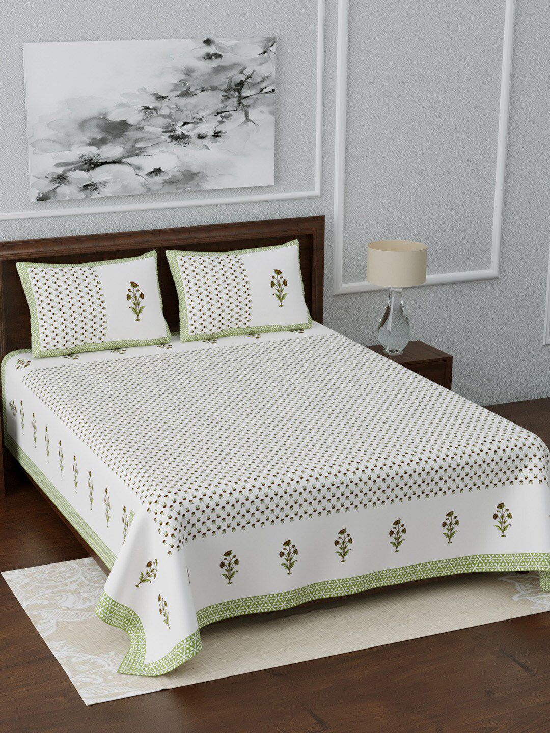 LIVING ROOTS White & Olive Green Printed 210 TC  King Bedsheet With 2 Pillow Covers Price in India