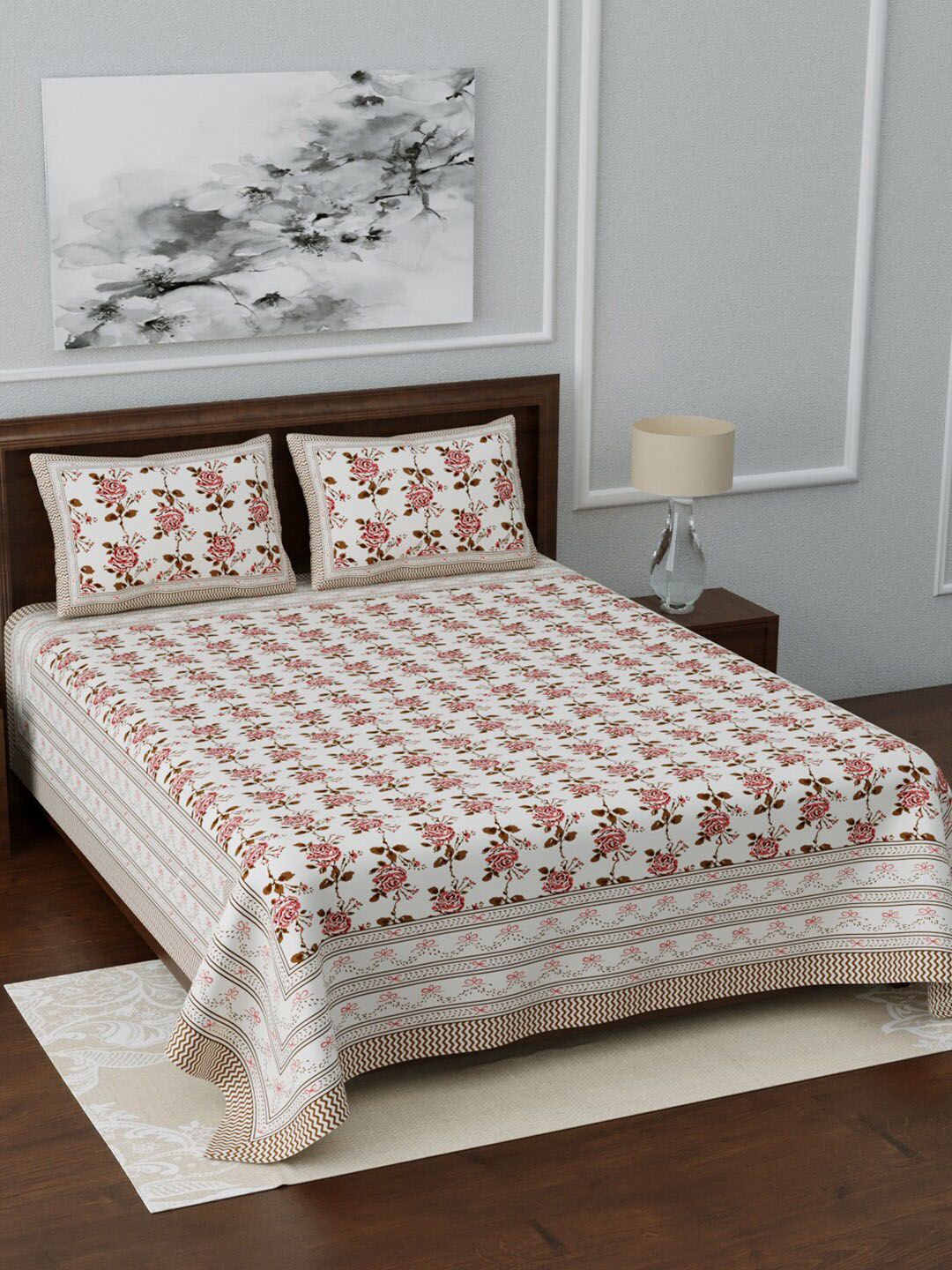 LIVING ROOTS White & Pink Printed Jaipuri 210 TC Cotton Double Extra Large Bedsheets With 2 Pillow Covers Price in India