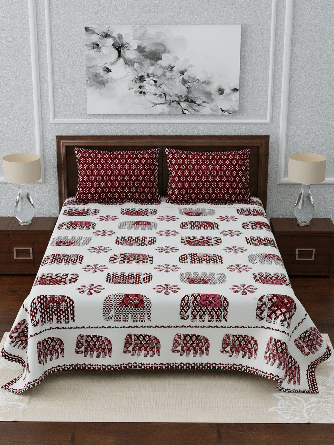 LIVING ROOTS White & Maroon Printed 210 TC  King Bedsheet With 2 Pillow Covers Price in India