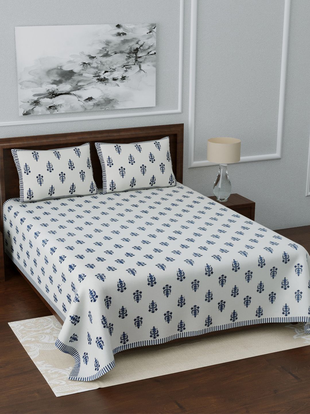 LIVING ROOTS White & Navy Blue Printed 210 TC Cotton 1 Extra Large Bedsheet with 2 Pillow Covers Price in India