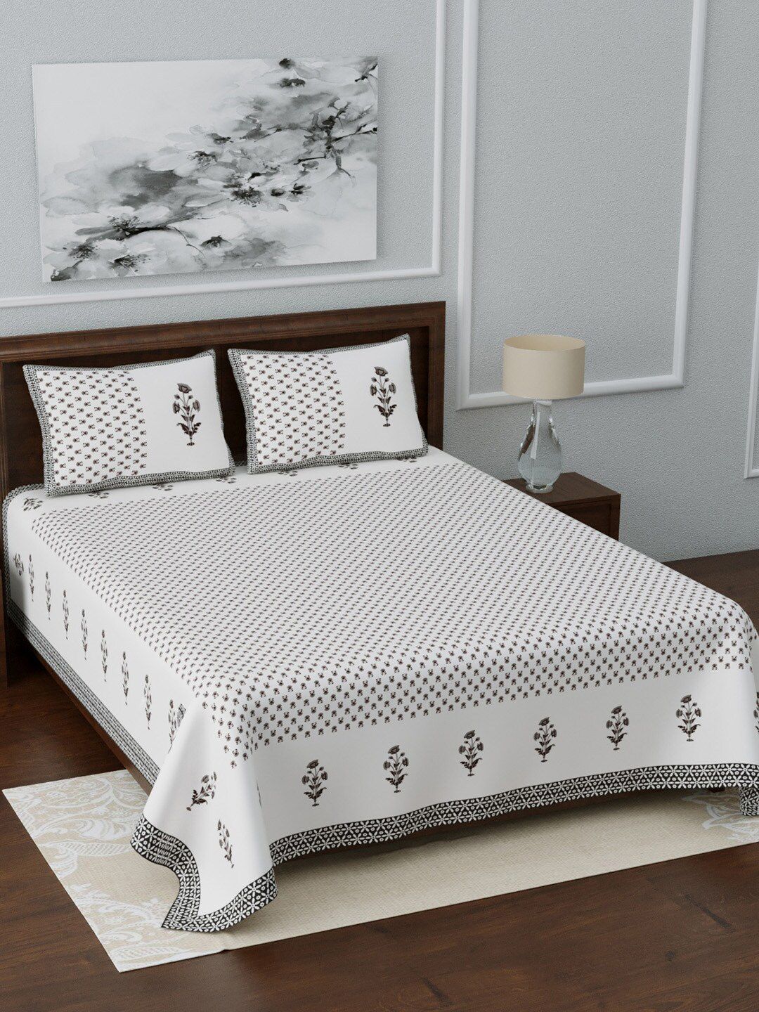 LIVING ROOTS White & Black Jaipuri Printed 210 TC 1  King Bedsheet With 2 Pillow Covers Price in India