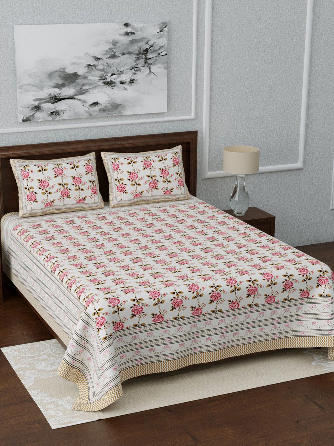 LIVING ROOTS White & Pink Printed 210 TC Extra Large Double Bedsheet With 2 Pillow Covers Price in India