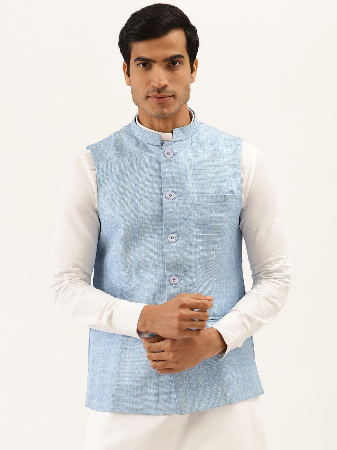 Manyavar Men Blue Textured Nehru Jacket