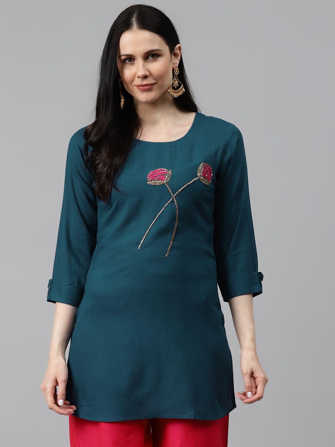 HIGHLIGHT FASHION EXPORT Women Teal Blue Roll-Up Sleeves Handwork Embroidered Kurti Price in India