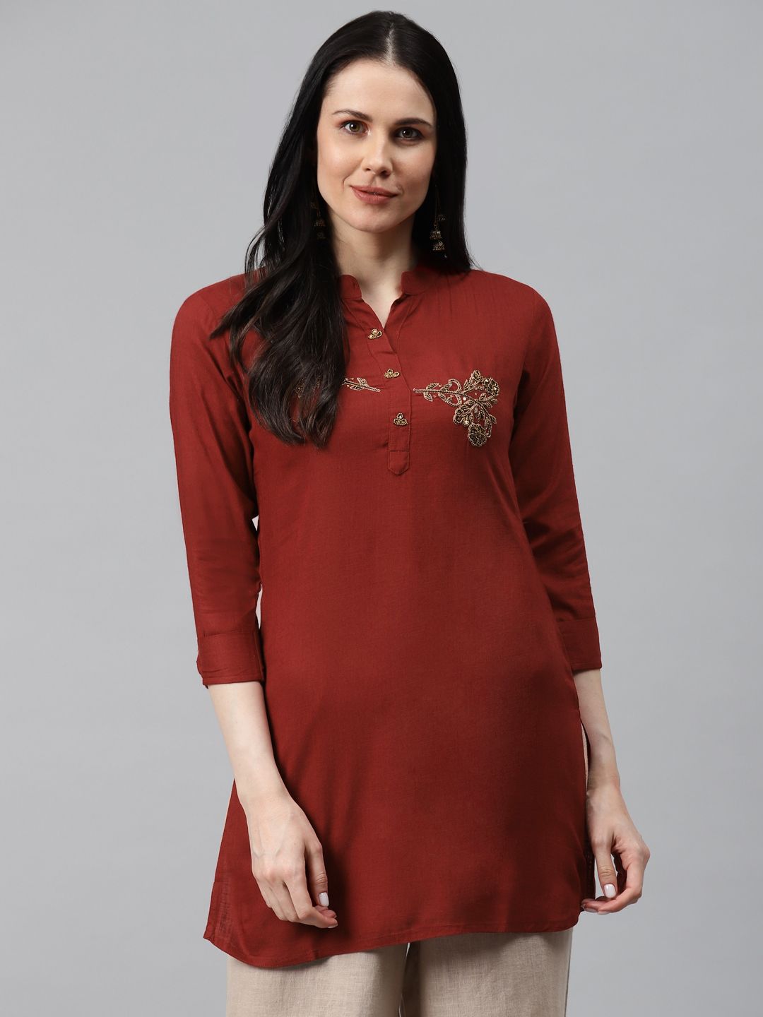 HIGHLIGHT FASHION EXPORT Women Red & Golden Ethnic Motifs Hand Embroidered Kurta Price in India