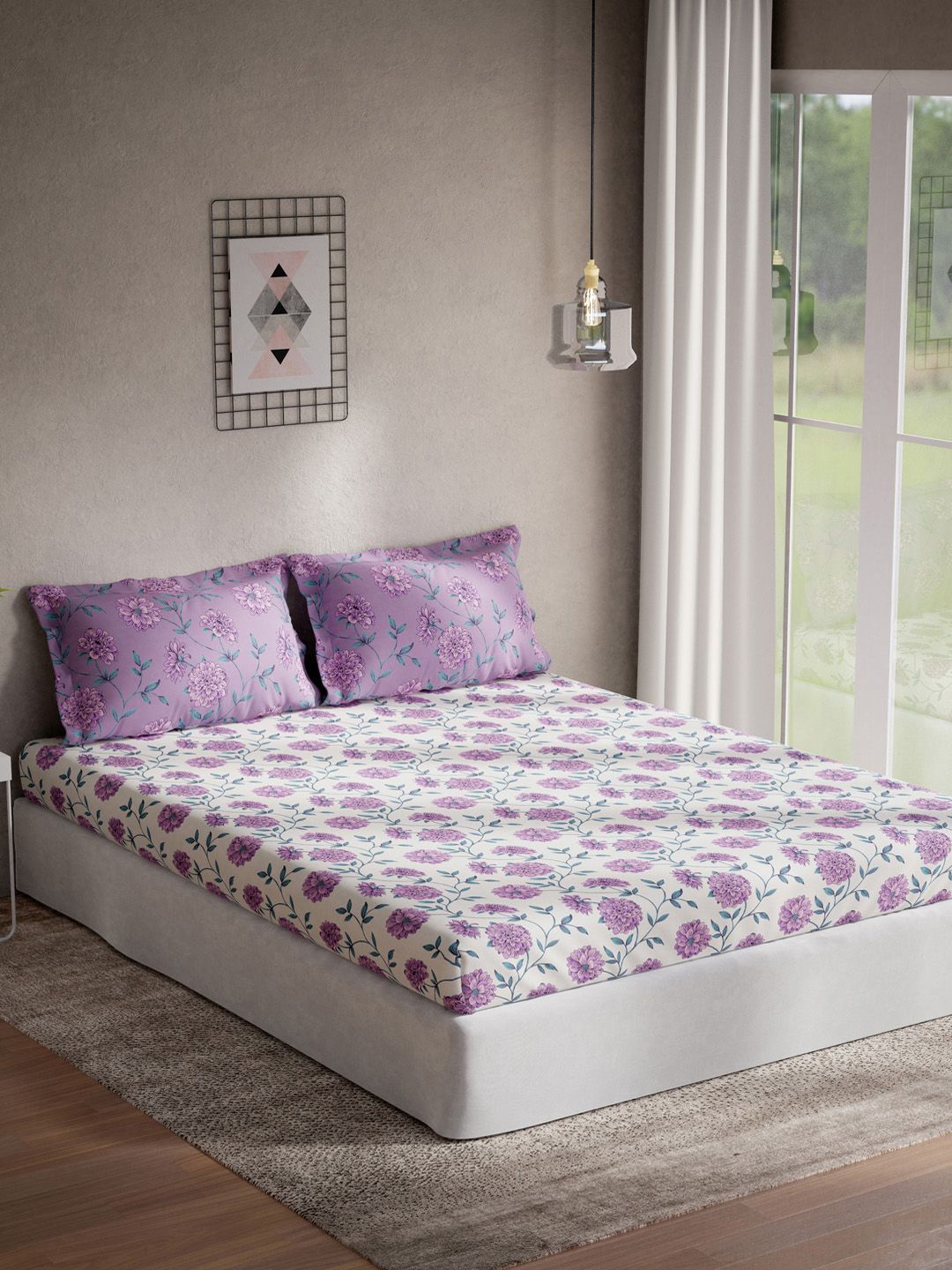 DDecor White & Purple Floral-Printed 144 TC Queen Bedsheet with 2 Pillow Covers Price in India