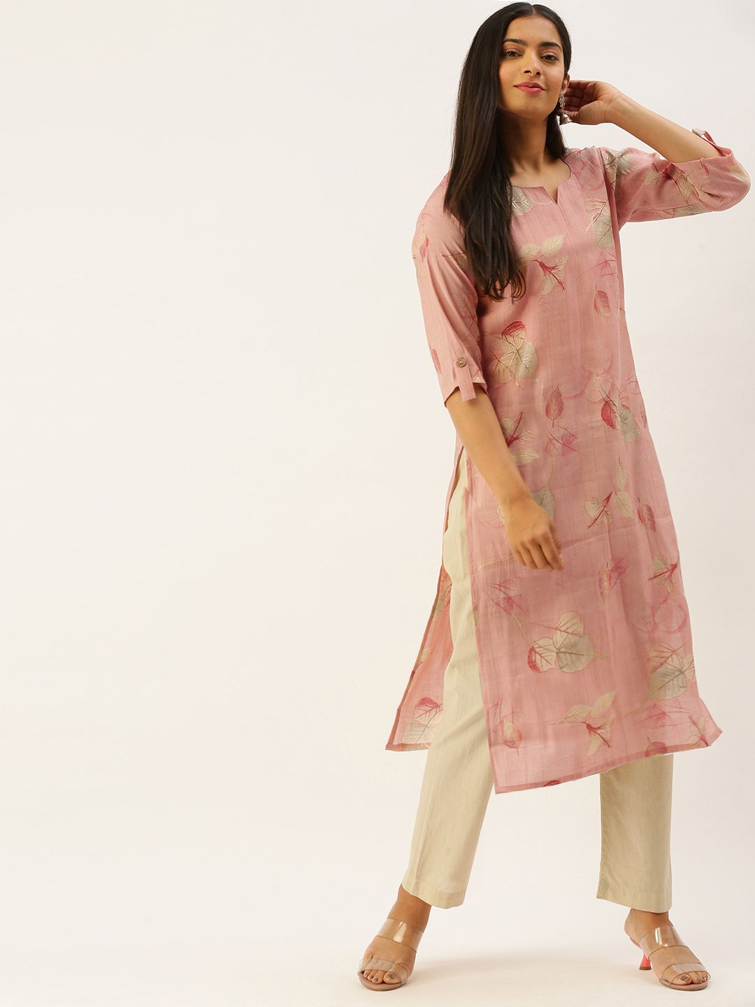 7Threads Women Pink & Beige Floral Foil Print Roll-Up Sleeves Kurta Price in India