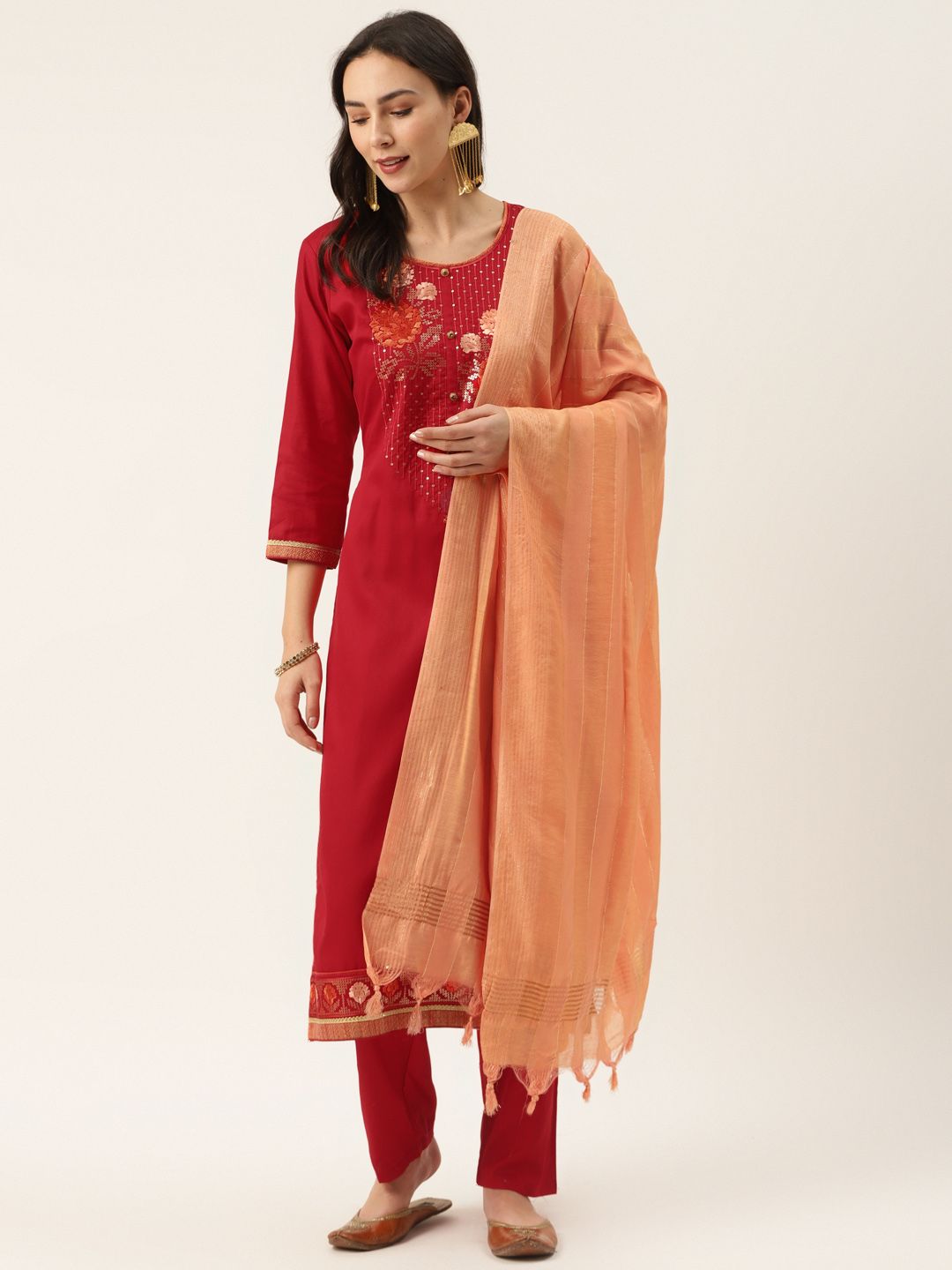 Kvsfab Red & Peach-Coloured Jam Silk Embroidered Unstitched Dress Material Price in India