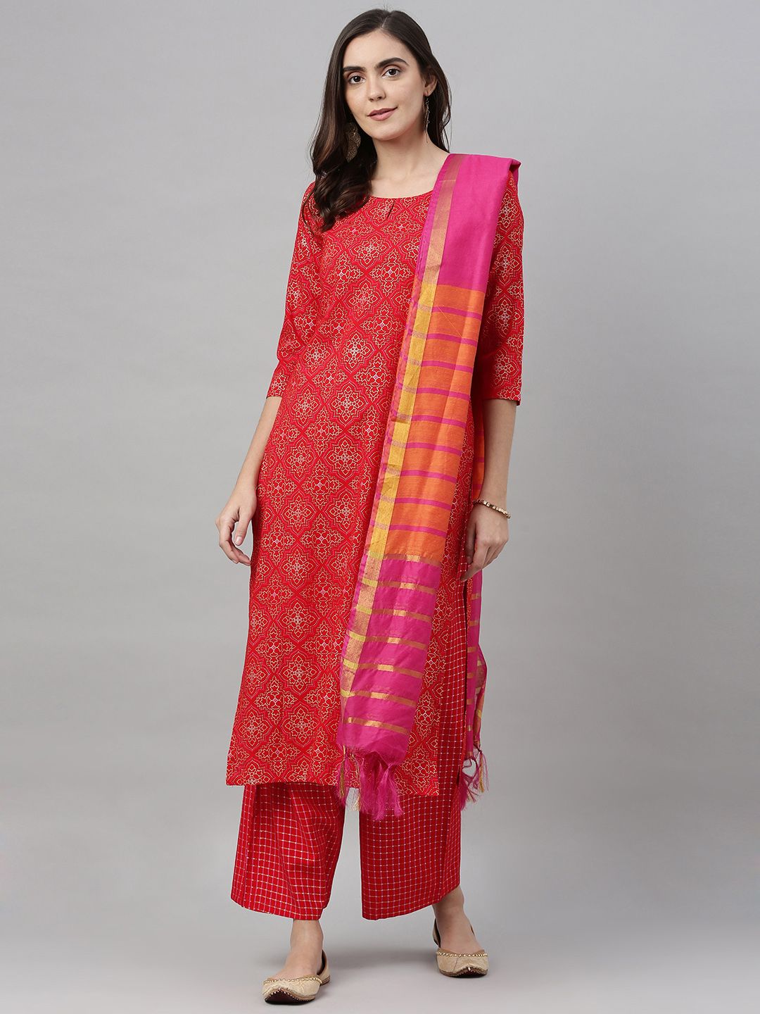 KALINI Women Red & Golden Foil Printed Kurta with Palazzos & Dupatta Price in India