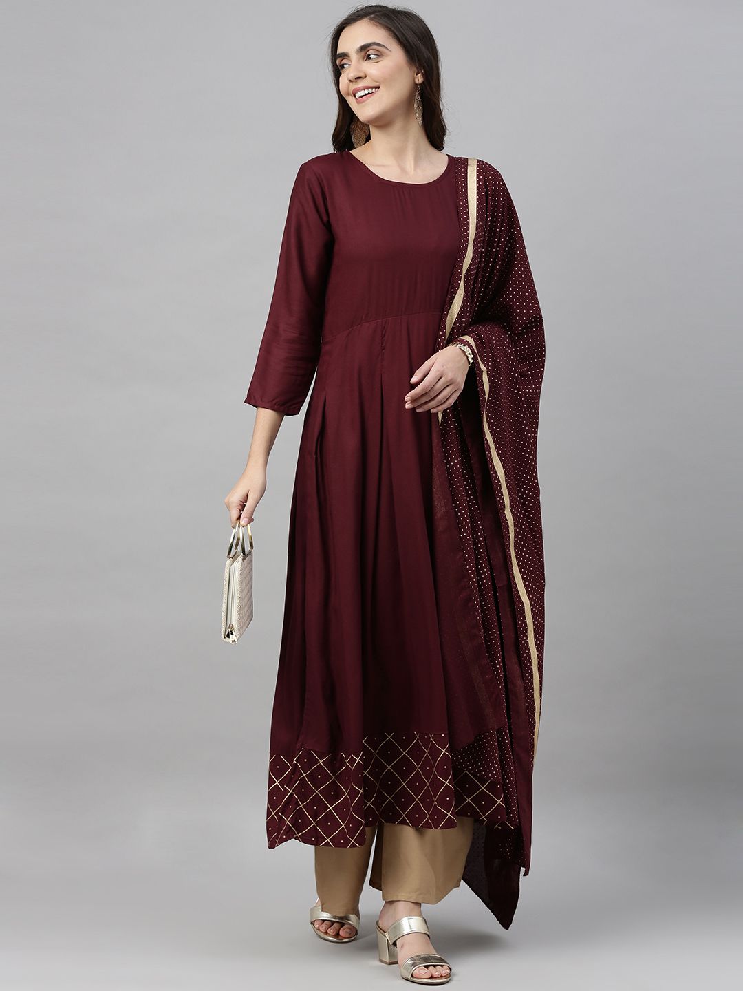 KALINI Women Burgundy & Golden Solid Kurta with Palazzos & Dupatta Price in India