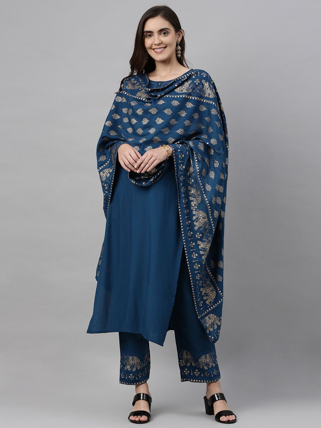 GoSriKi Women Teal Blue & Gold-Coloured Solid Kurta with Trousers & Dupatta