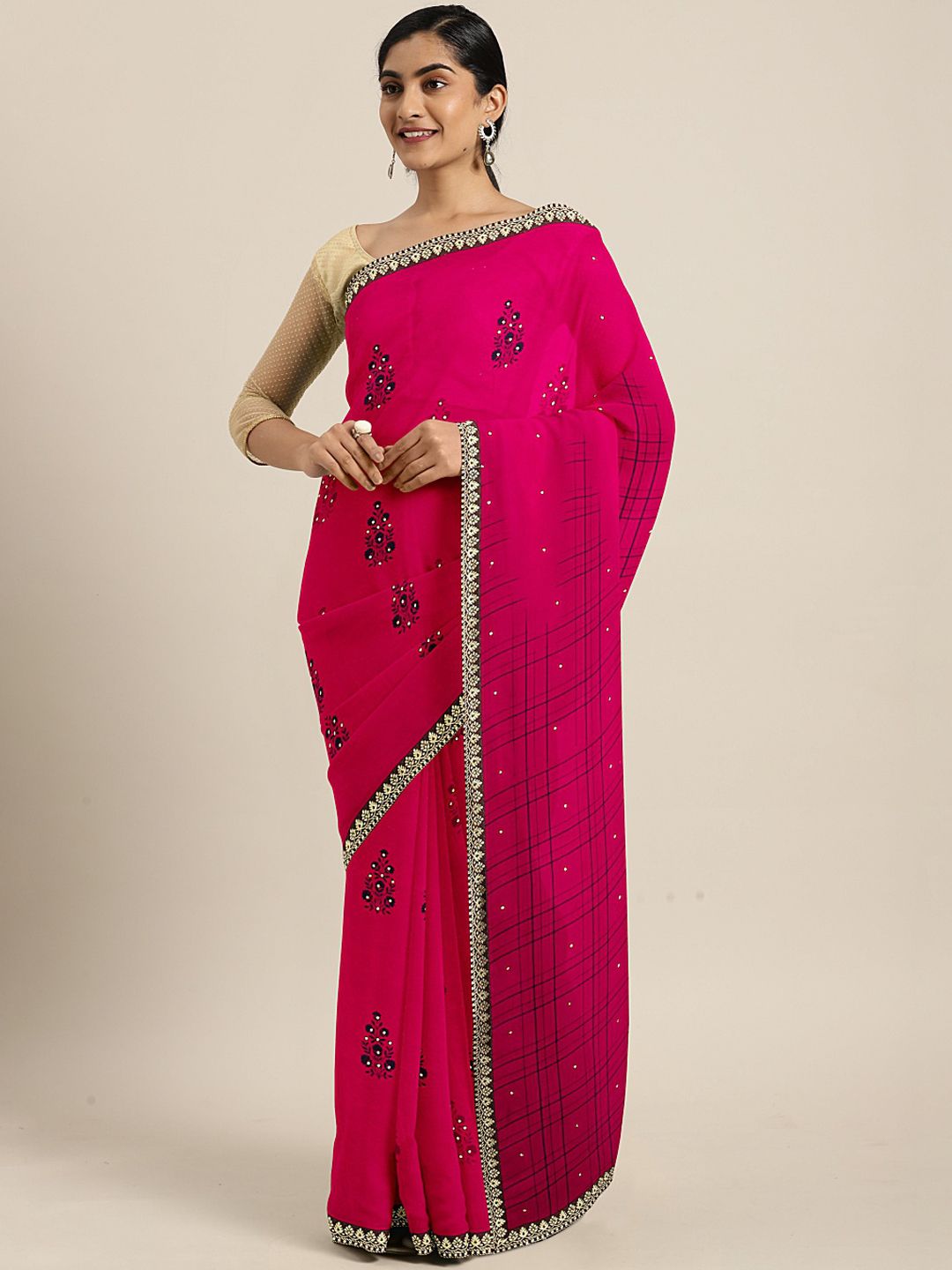 Triveni Pink & Black Pure Georgette Ethnic Motif Print Saree