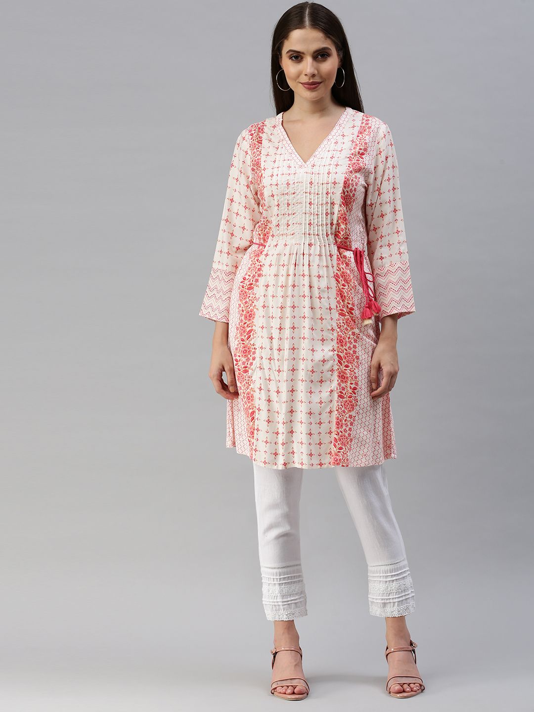 Global Desi Off White & Pink Viscose Printed Side Tie-Up Tunic Price in India