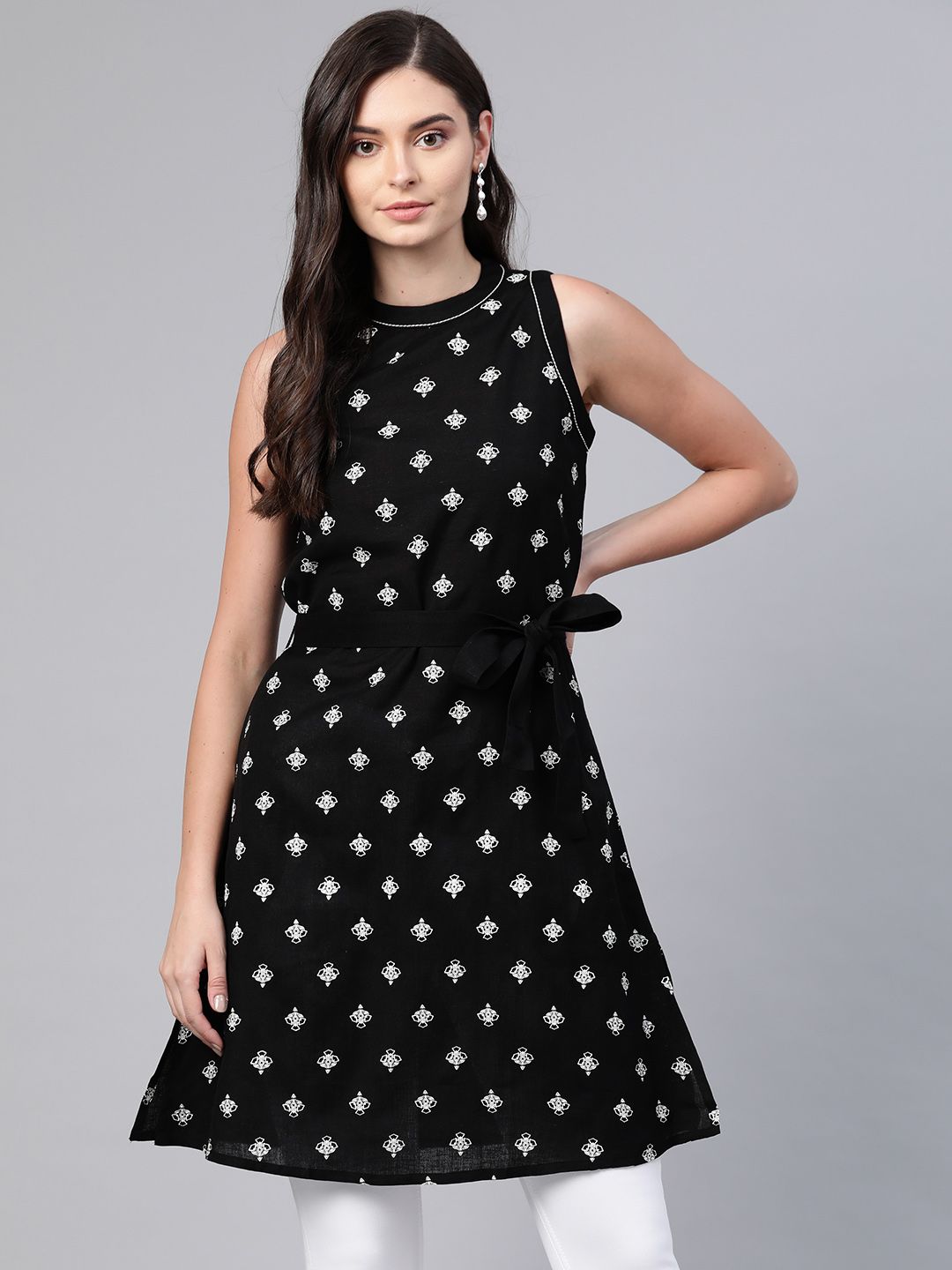 Global Desi Women's Black & White Printed Ecovero Tunic Price in India