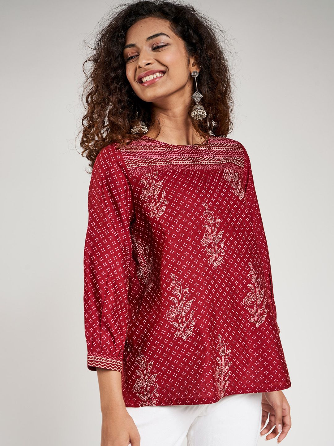 Global Desi Women Maroon & Cream-Coloured Printed Ecovero A-Line Top