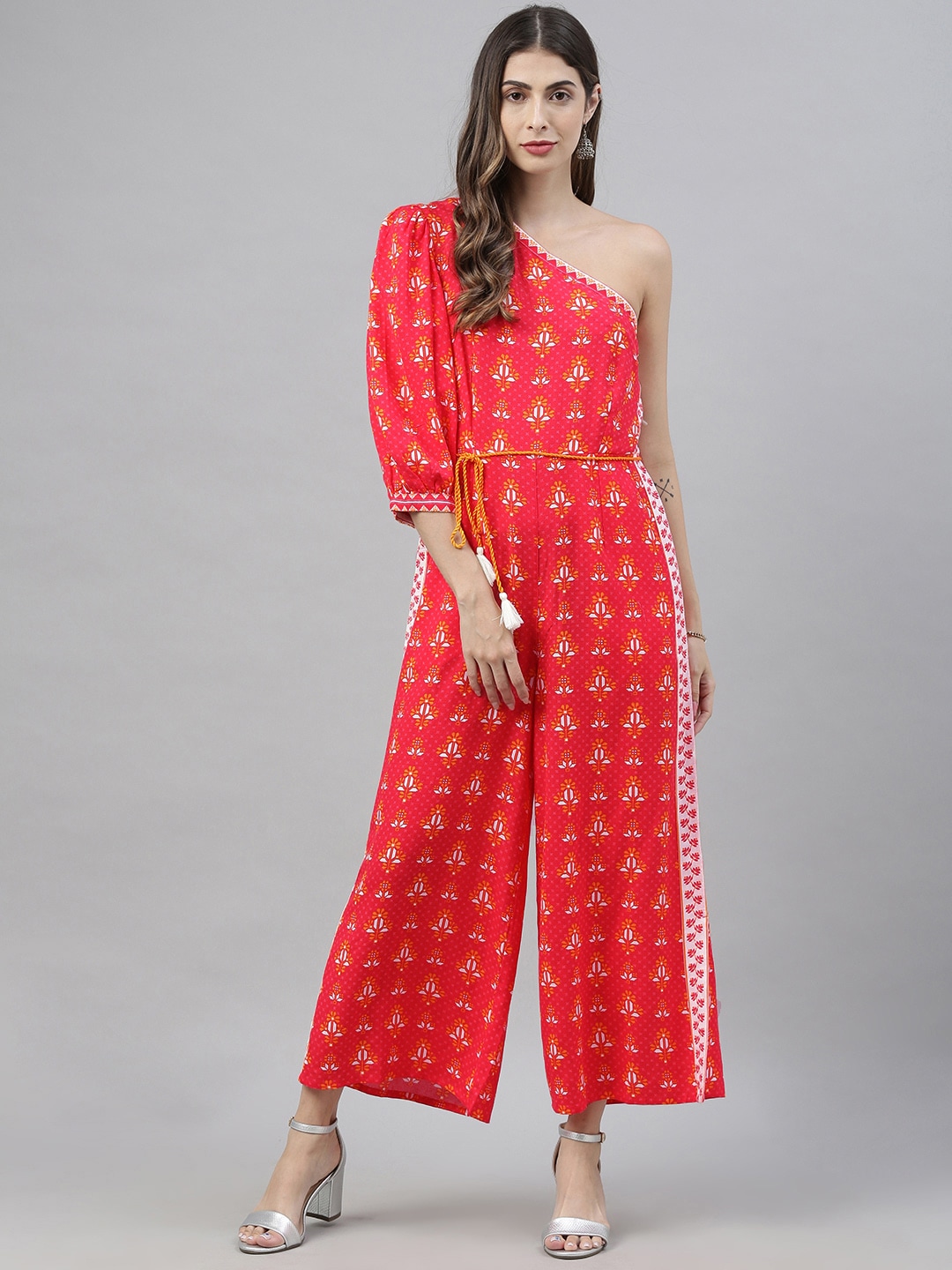 Global Desi Women Red & White Printed One-Shoulder Cropped Basic Jumpsuit Price in India
