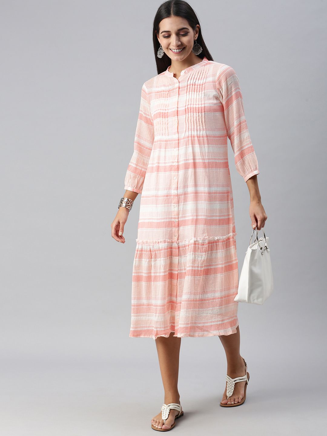 Global Desi Light Pink & White Striped Mandarin-Collar Tiered A-Line Dress Price in India
