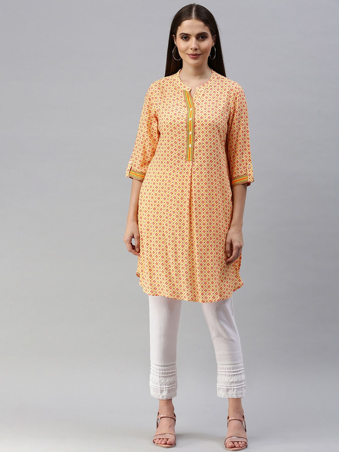 Global Desi Off White & Orange Viscose Printed Pleated Tunic Price in India