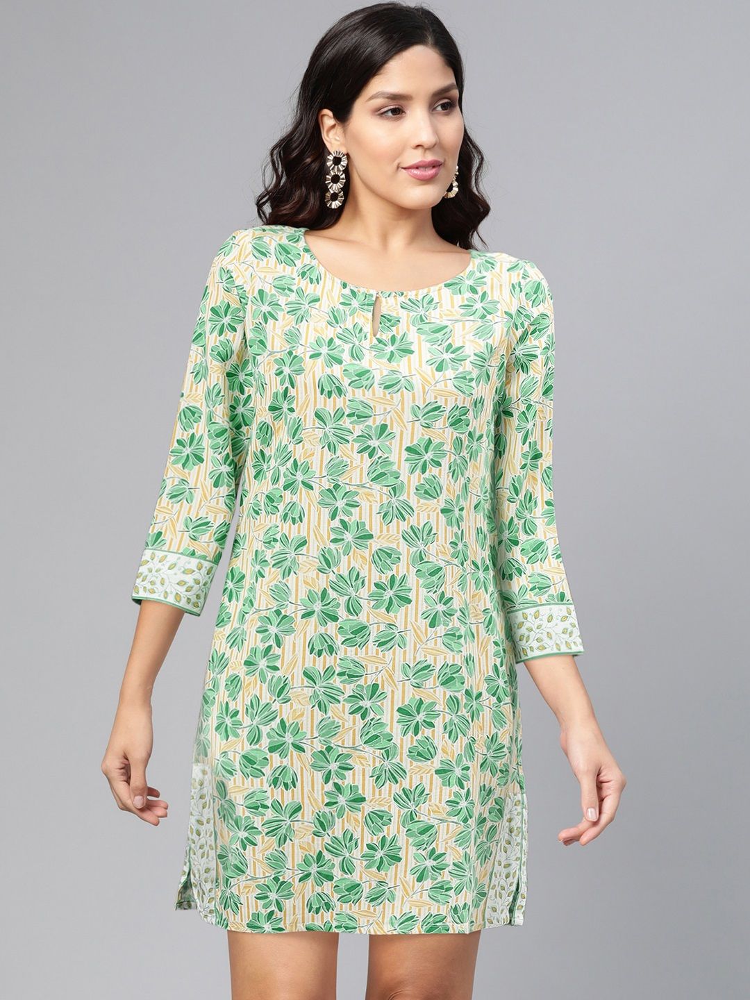 Global Desi Women EcoVero Yellow & Green Printed A-Line Dress Price in India