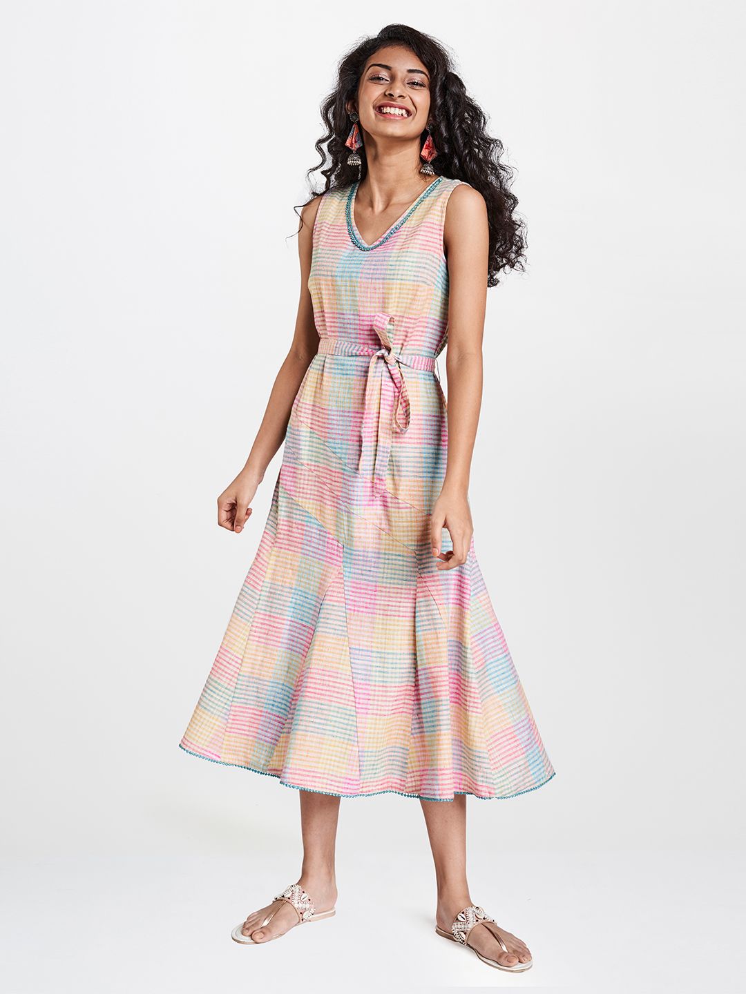 Global Desi Women Pink & Yellow Checked Pure Cotton A-Line Midi Dress Price in India