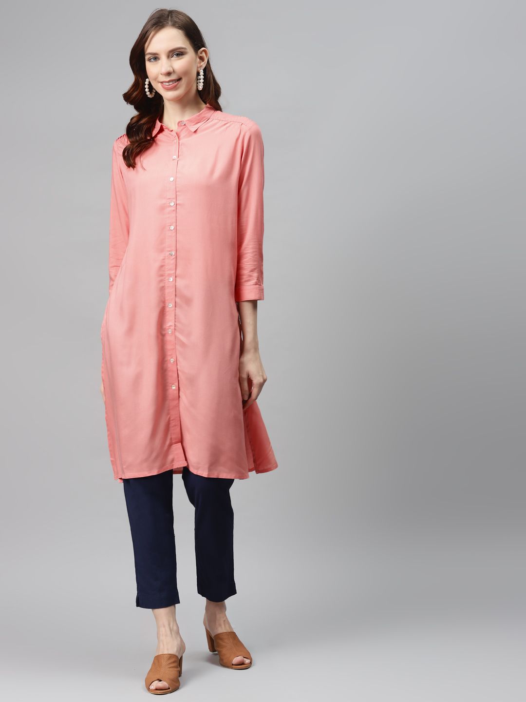 Global Desi Eco Vero Women Pink Solid Straight Fusion Kurta Price in India