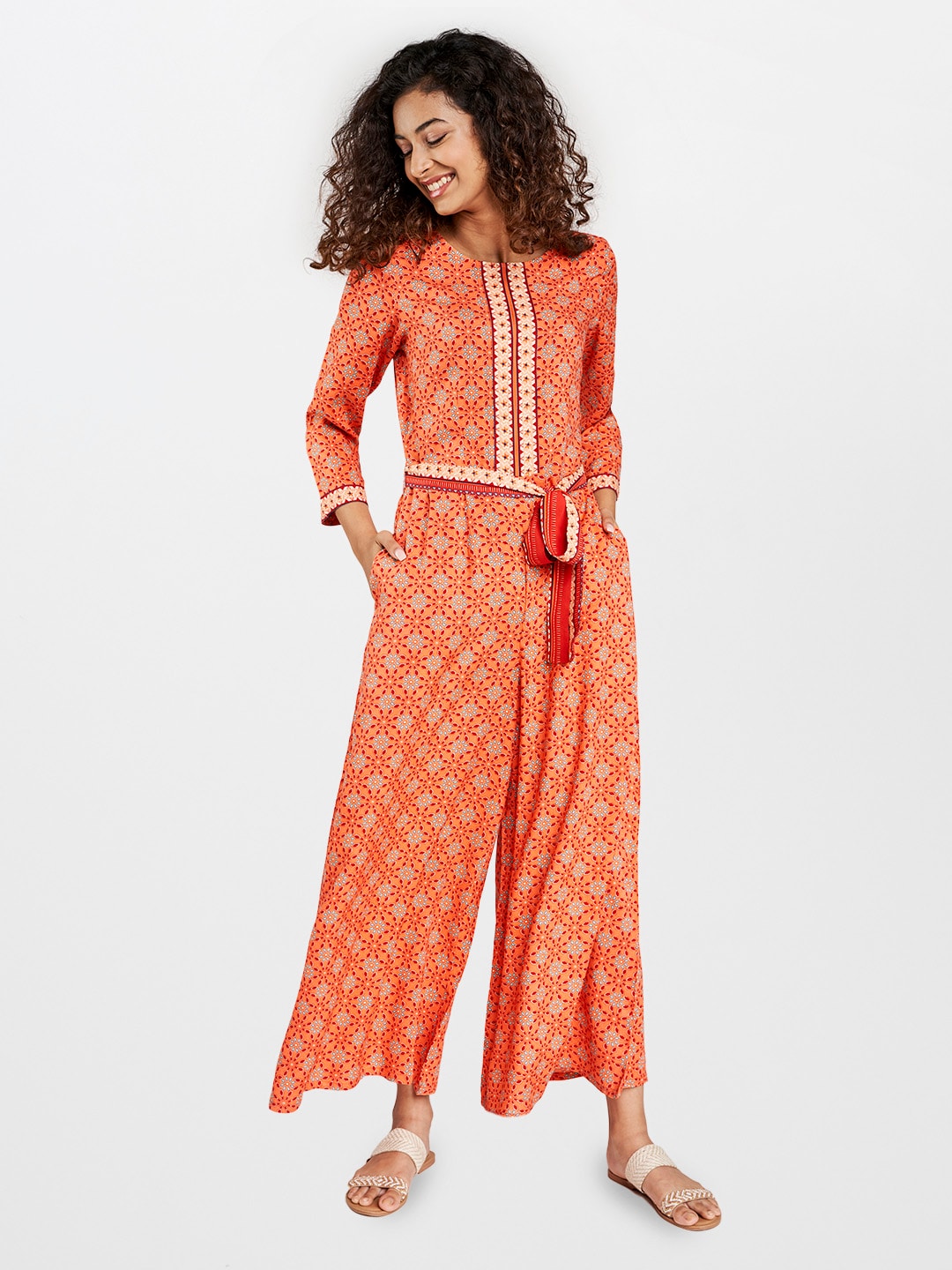 Global Desi Women Orange & Red Ethnic Motifs Print Sustainable Basic Jumpsuit with Belt Price in India