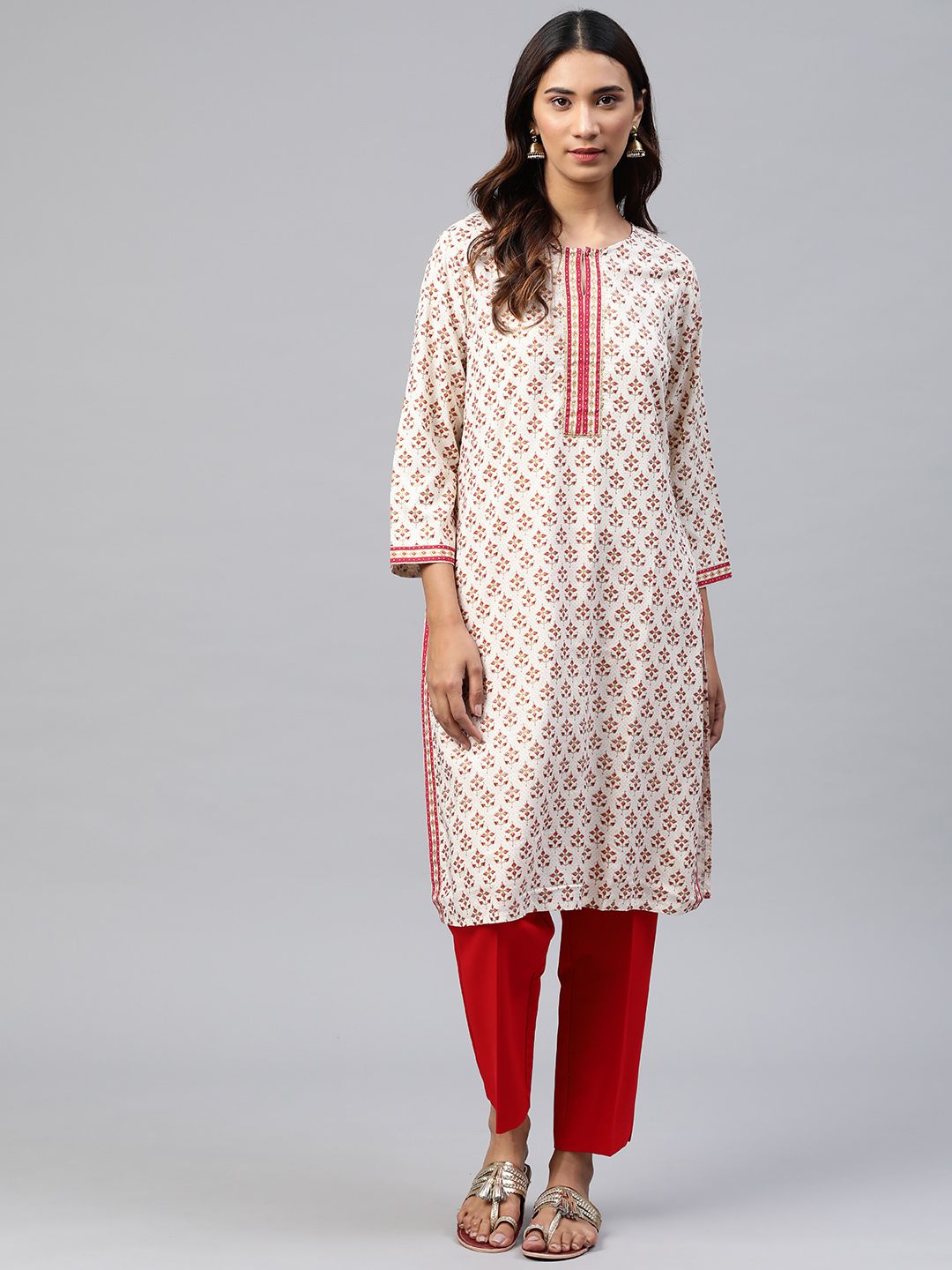 Global Desi Women Off White & Magenta Ethnic Print Ecovero Keyhole Neck Sequins Kurta Price in India