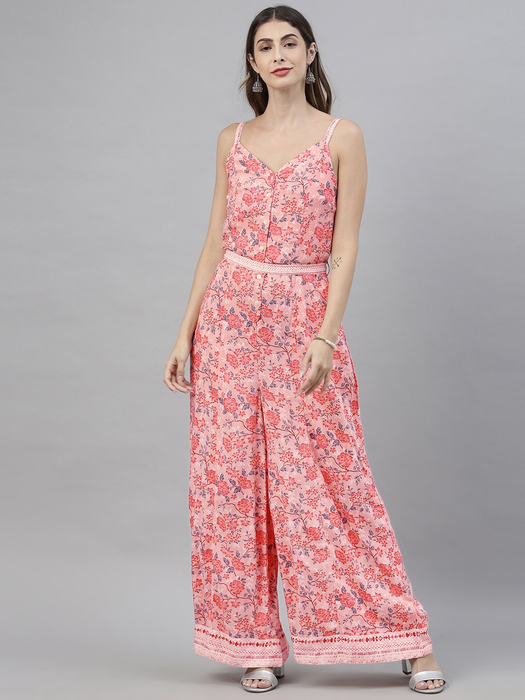 Global Desi Women Pink & Blue Printed Basic Jumpsuit with Waist Tie-Ups Price in India