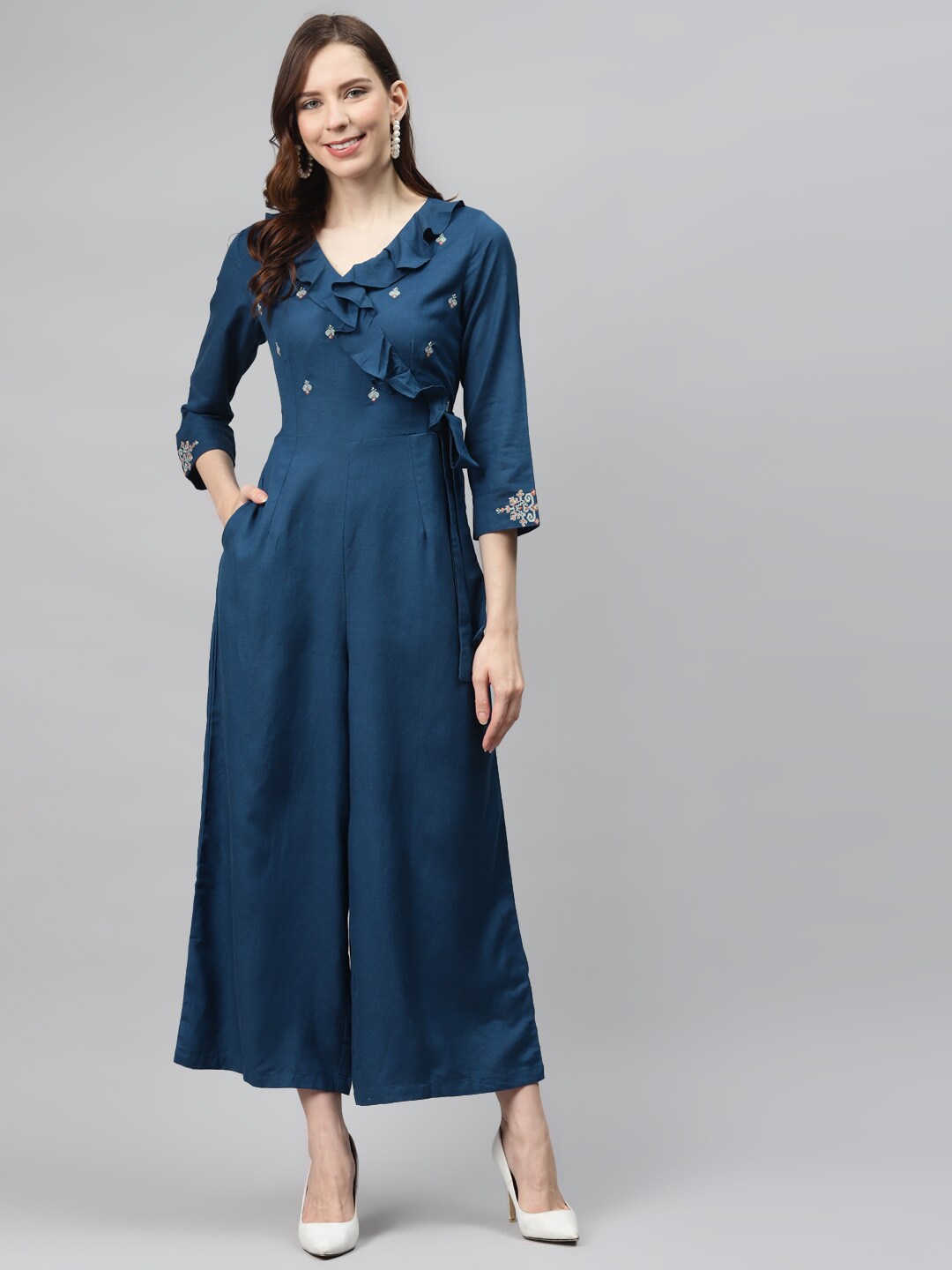 Global Desi Women Ecovero Teal Blue Solid Basic Jumpsuit Price in India