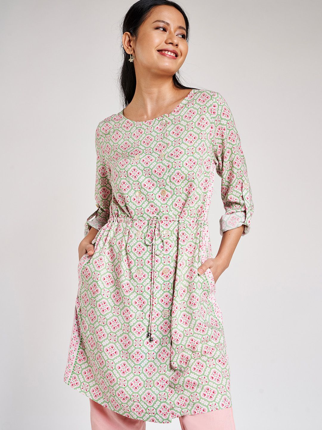 Global Desi Eco Vero Women Pink & Green Printed Tunic With Tie-Ups Price in India