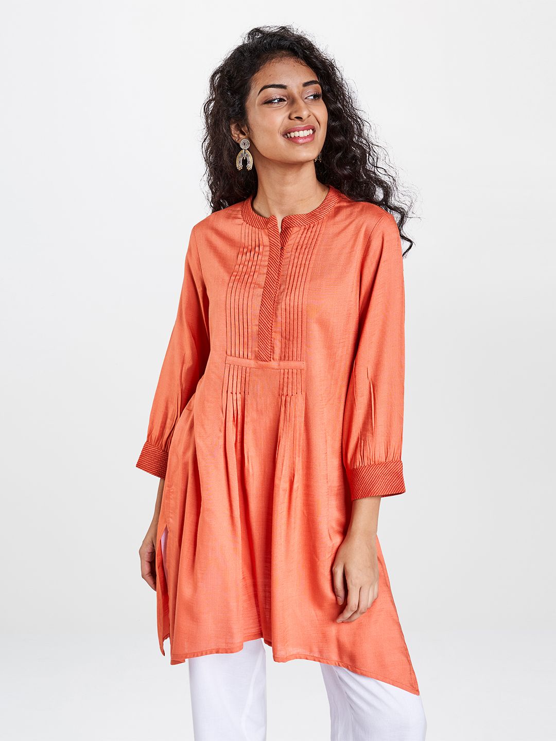 Global Desi Eco Vero Women Coral Orange Solid A-Line Tunic Price in India