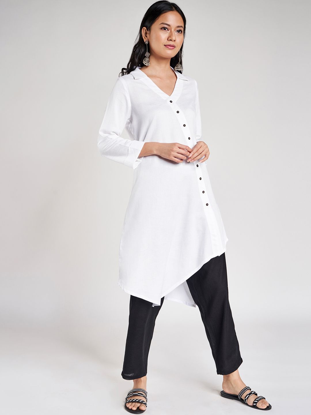 Global Desi Women White Sustainable Eco Vero Solid Longline Asymmetric Shirt Tunic Price in India