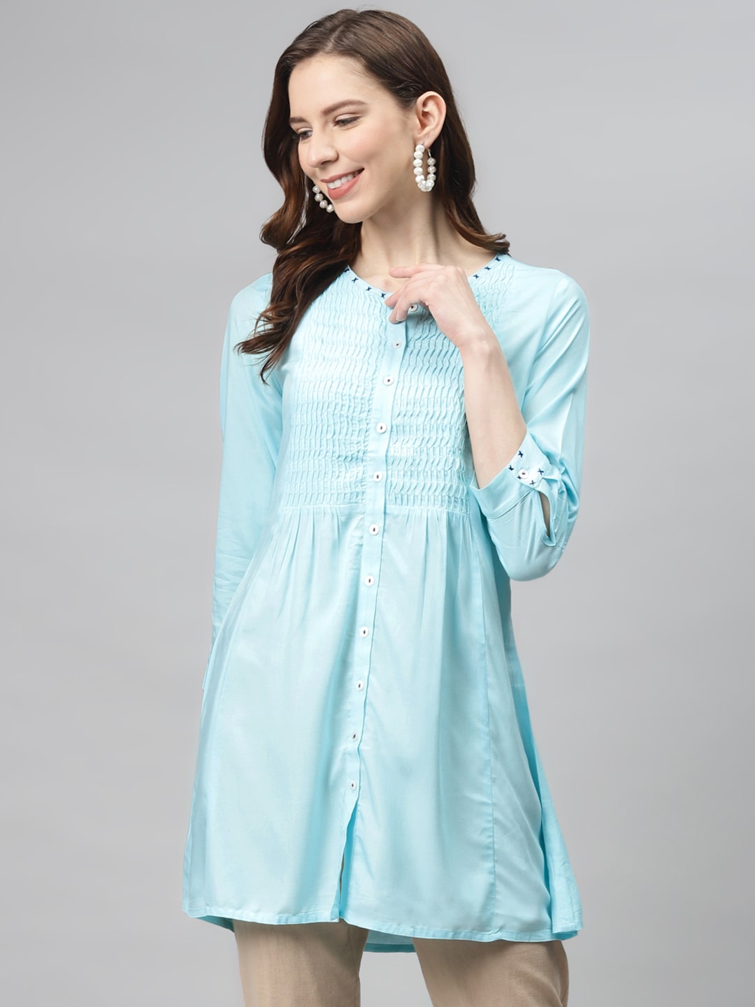 Global Desi Women Blue Ecovero Solid Pleated Detail A-Line Tunic Price in India