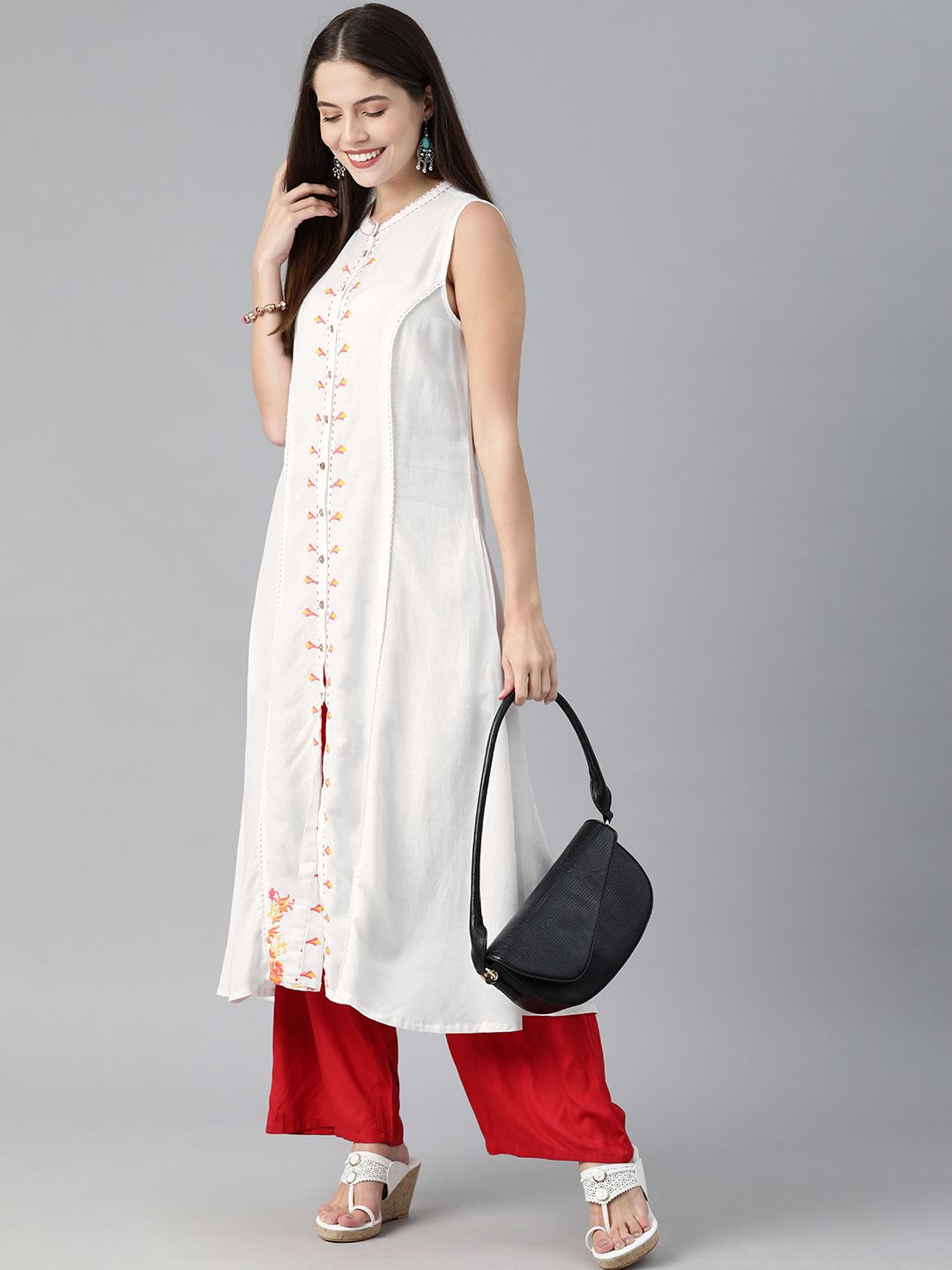 Global Desi Women White & Red Floral Embroidered Thread Work Kurta Price in India