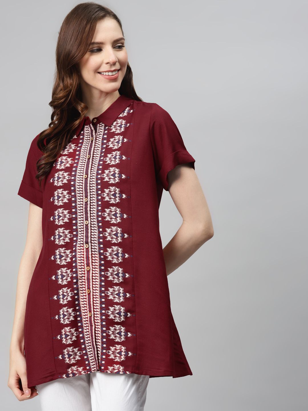 Global Desi Women Ecovero Maroon & Off-White Printed A-Line Tunic Price in India