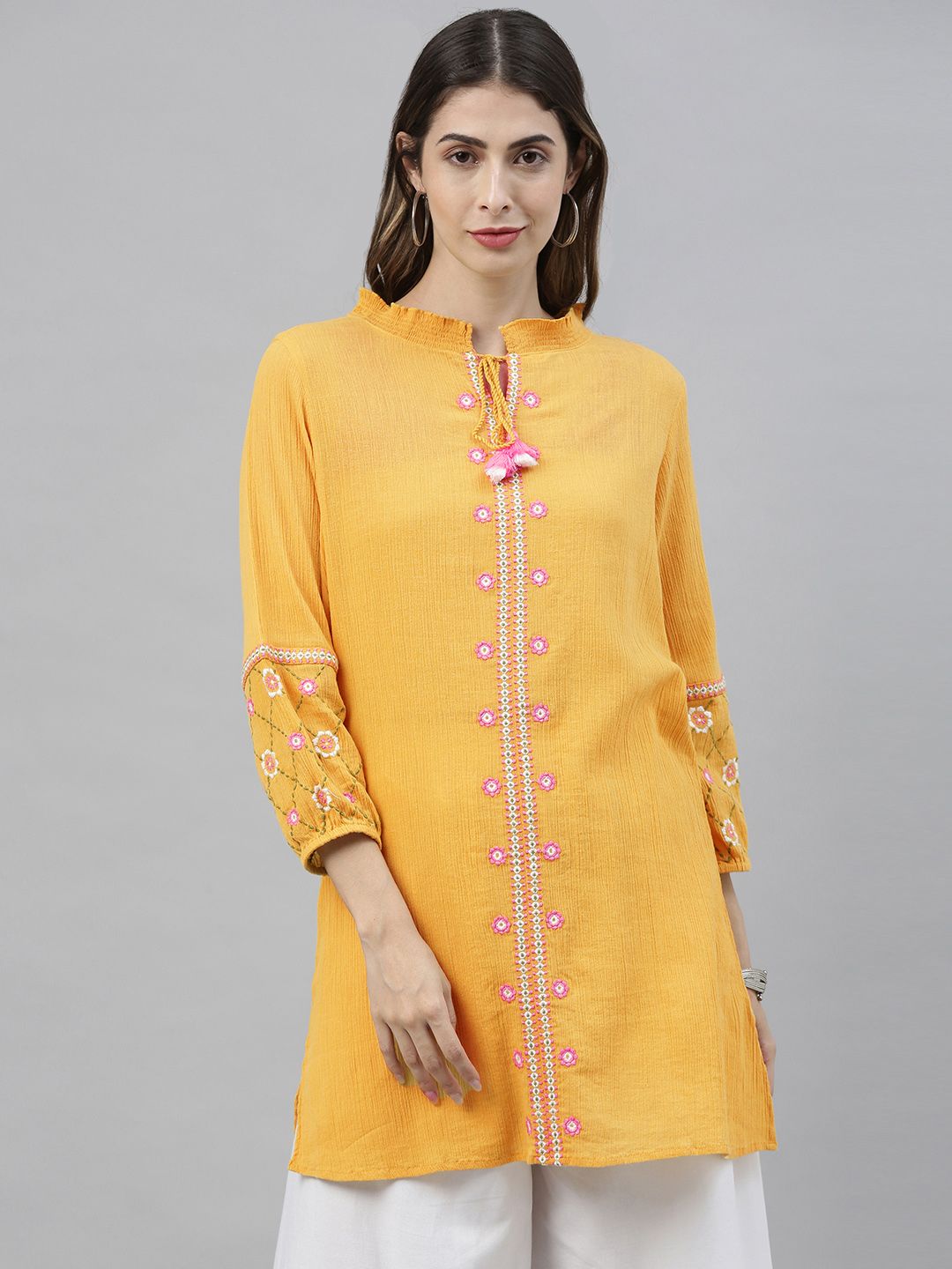 Global Desi Women's Mustard & White Solid Tunic Price in India