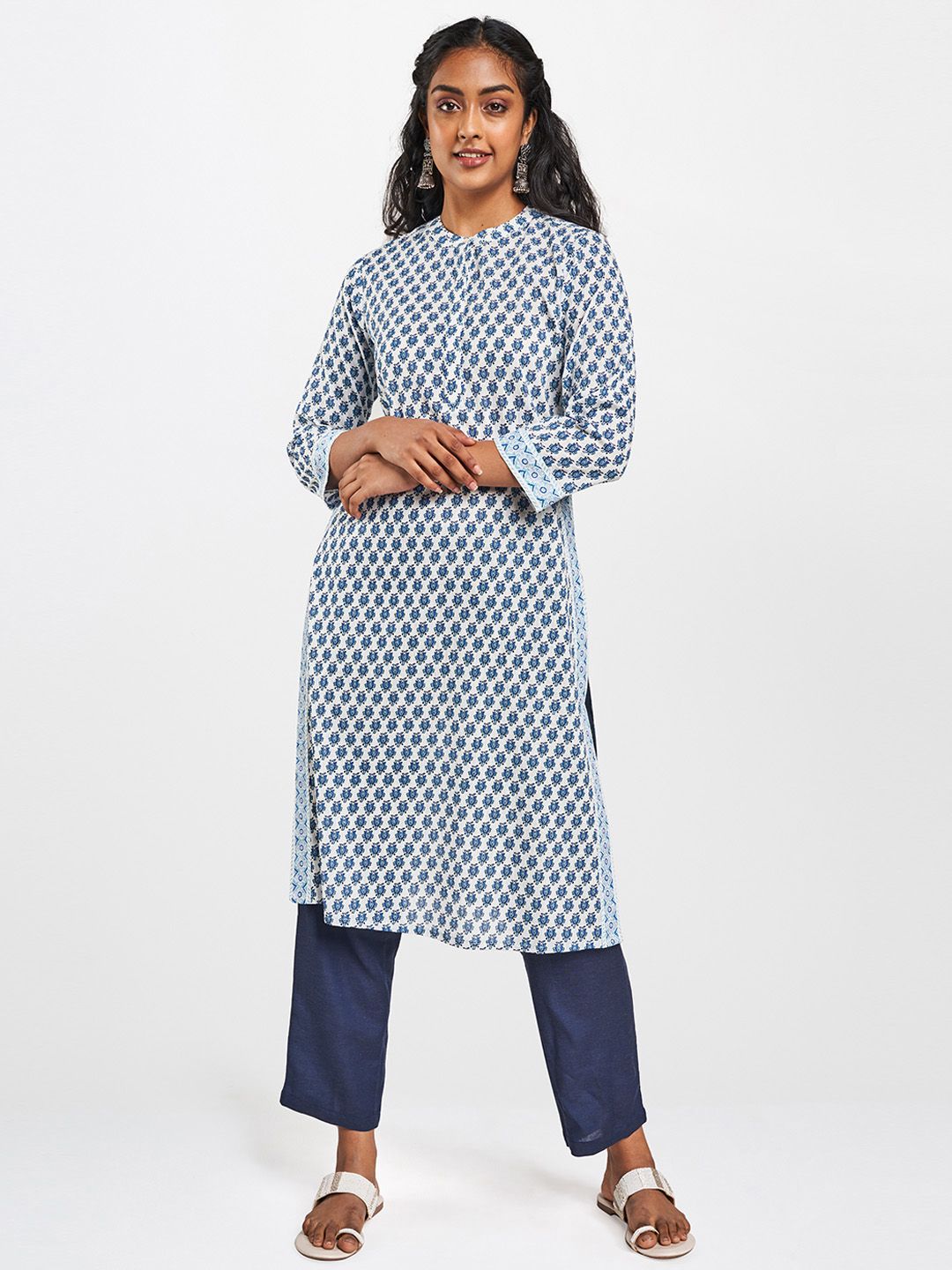 Global Desi Women Off White & Blue Ethnic Motifs Printed Kurta With Crushed Effect Price in India