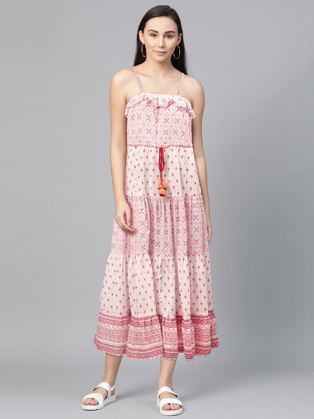 Global Desi Women Sustainable White & Pink Printed Pure Cotton Tiered Maxi Dress Price in India
